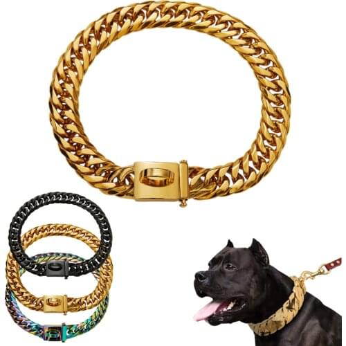 Pet Dog Leash Gold Chain Puppy Collar Necklace Stainless Steel Bulldog Collar Leash 16mm Small Middle Large Dog Leash