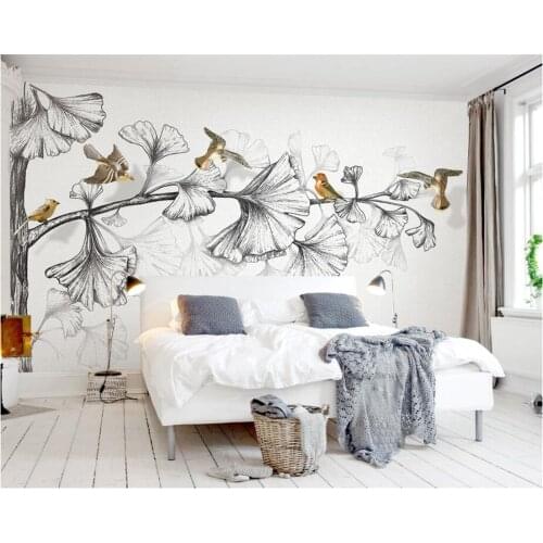 Custom Wallpaper 3d Home Decorative Mural Style Black & White Sketch Ginkgo Leaf 3d Flying TV Wall Background mural Beibehang