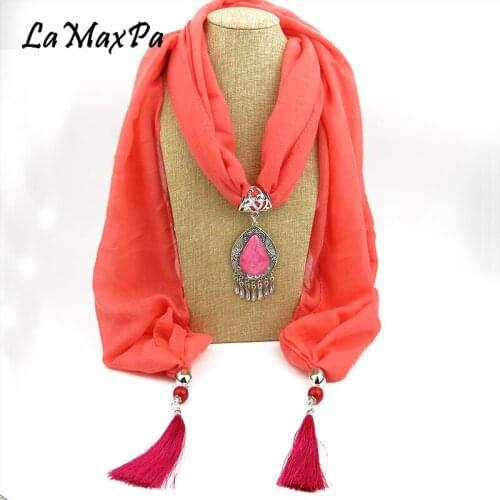 LaMaxPa Women Voile Jewelry Tassels Scarf Necklace Pendant Scarves Women Muffler Lady Soft Scarf Femme Echarpe Mujer Bufanda