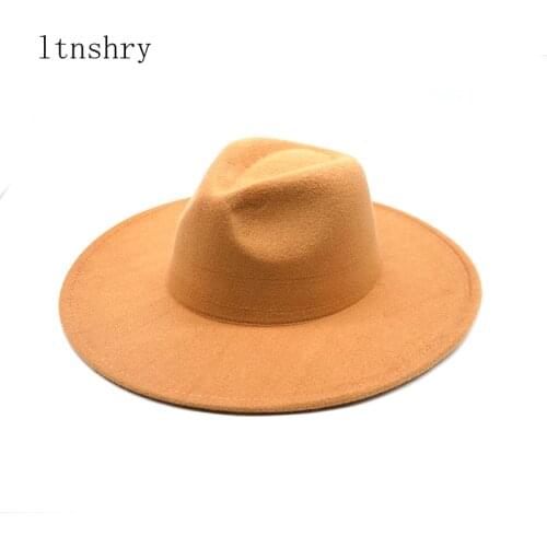 Newfedora hats women men large brim 9cm big simple classic jazz caps solid color formal dress church british style new felt hats