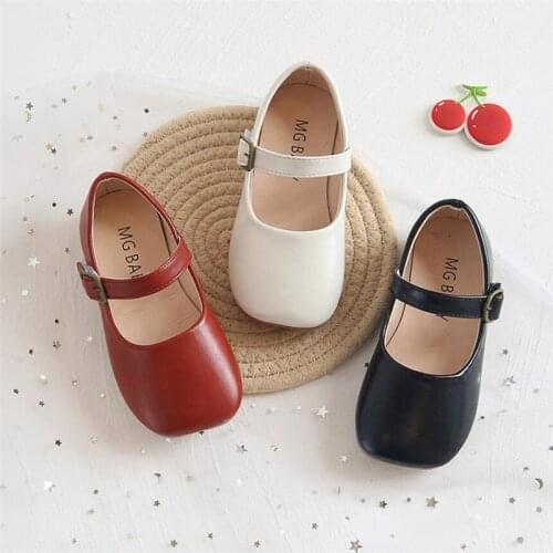 Hot Girls Fashion square head leather shoes PU Comfortable Soft sole baby flat shoes classic style Princess Single shoes 21-30