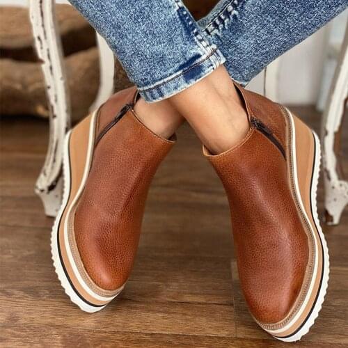 Ladies Boots Pu Leather Vintage Platform Shoes Round Toe Casual Office Lady Shoes for Women Boots Fashion Female Footwear Mujer