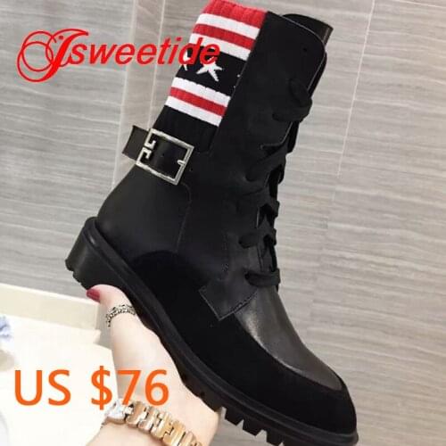 Autumn winter thick high quality buckle straps boots genuine leather knitting splice boots brand women lace up flats boot