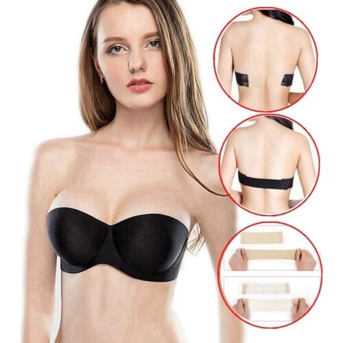 Sexy Strapless Bra Women Push Up Invisible Bras Backless Lingerie 1/2 Cup Seemless Bralette for Wedding Dresses beige black