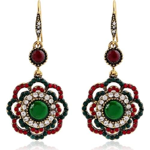 CRLEY Retro Drop Earrings Lady Elegant Flower Green Red Handmade Drop Earrings Rhinestone Elegant Valentine Jewelry Gifts