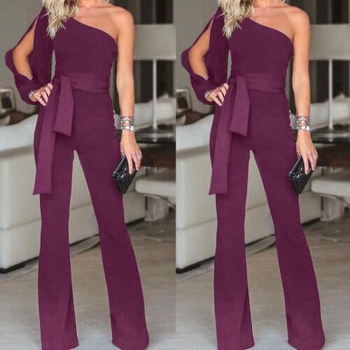 Women Off Shoulder Jumpsuit Ladies One-shoulder Belt Playsuit Party Romper Solid Long Trousers Pants Clubwear Summer Casual