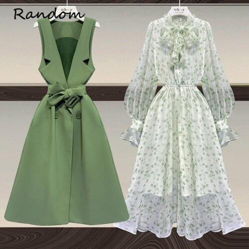Women Plus Size Green Suit Long Vest Jacket Coat Top And Floral Print Chiffon Dress Two Piece Set Elegant Outfit Office Clothing