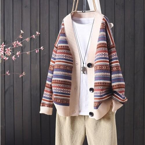 Retro knitted cardigan jacket womens autumn winter new loose ethnic jacquard sweater outside the tide