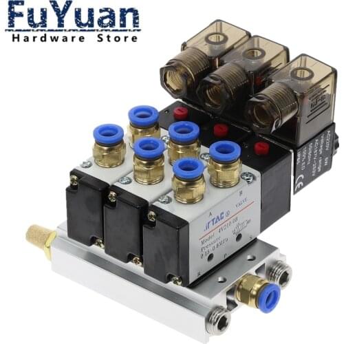 3Way 4V210-08 1/4" 12V 24V 110v 220v Triple Pneumatic Solenoid Valve Muffler 4mm 6mm 8mm 10mm 12mm Quick Fitting Base Set DIY