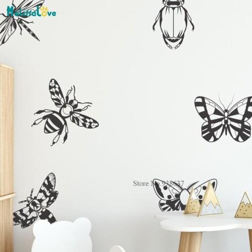 9 pcs/set Taxidermy Insects Bug Wall Decal Butterfly Bee Beetle Dragonfly Bedroom Decor Removable Wall Sticker BB693
