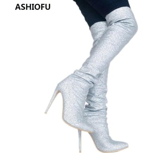 ASHIOFU Handmade Womens Glitter Thigh High Boots Sexy Night Club Party Prom Over Knee Boots Fashion Evening Long Boots Shoes
