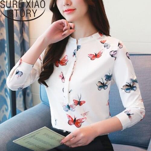 Fashion Woman Blouses New Print Women Blouse Office Blouse Women Plus Size White Blouse Long Sleeve Women Shirts Stand 1042 40