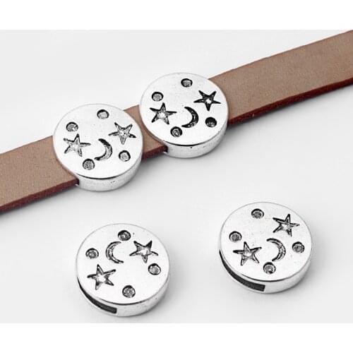 10pcs Round Carved Star And Moon Charms Beads Slider Spacers For 11*2mm Flat Leather Cord