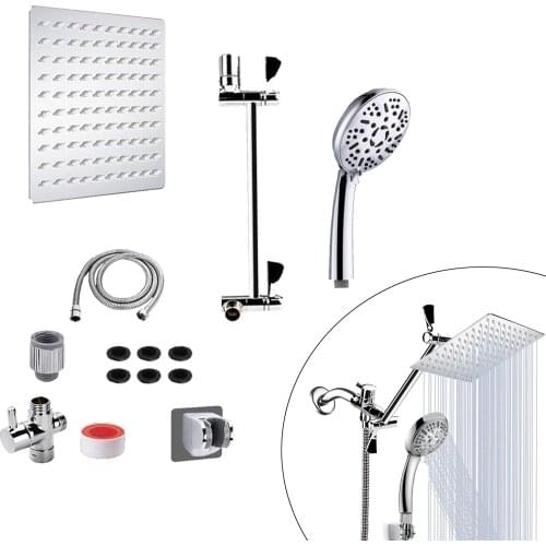 High Pressure Rainfall Combo with Stainless Steel Hose 9 Setting Rain Shower Head and Hand Held Shower Separately or Together