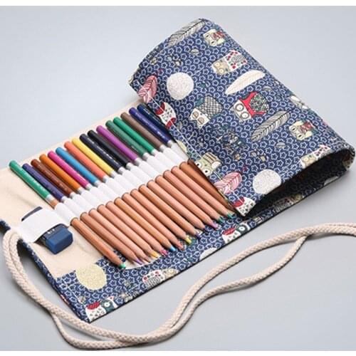 Kawaii Cute Owl Roll School Pencil Case Canvas 24/36/48/72 Holes Pencilcase for Boys Girls Large Big Pen Bag Stationery Pouch
