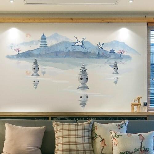 Chinese Style Watercolor Landscape Wall Sticker Living Room Sofa TV Backdrop Wall Decal Room Decor Self Adhesive Large Wallpaper