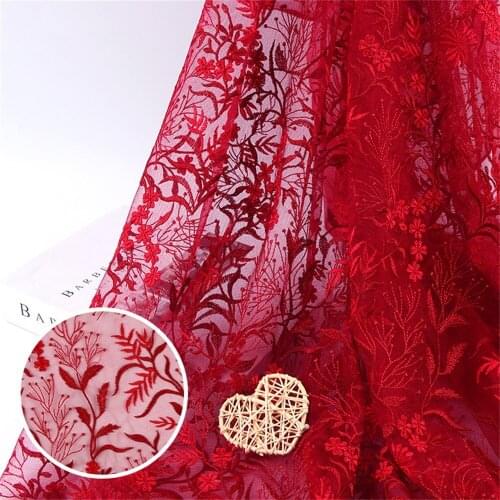 Red Embroidery Flower Mesh Lace Fabric Embroidered DIY Wedding Dress Background Decoration Net Gauze V2830