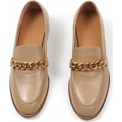 Loafers For Women 2021 Big Size 44-45 Genuine Cowhide Soft Penny Shoes Women Chain Decoration Flat Oxford Shoes For Womens