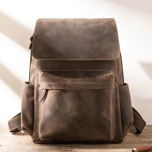 Mens Bag Backpack Men Leather Distressed Retro British Casual Male Travel Bag Computer Backpack Crazy Horse Leather Cow Leather