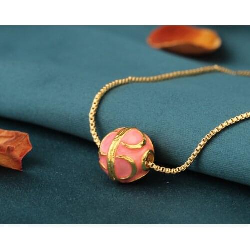 Ethnic Delicate cloisonne Pink necklace,vintage Red ball Chokers necklace,Chains pendants Necklace for womens