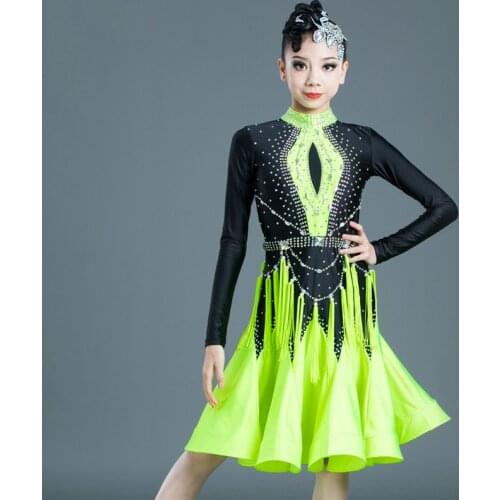 Custom Latin Dance Competition Dress For Children Girls Fluorescence Color Dance Dress Kids Performance Fringe Clothing New 515