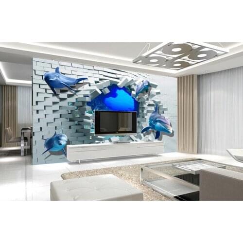 Custom photo wallpaper for walls 3 d wall murals dolphin burst through the wall setting wall 3d wallpaper for living room decor