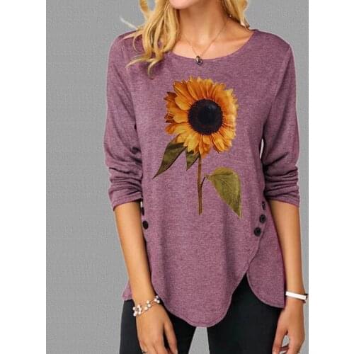 Popular Fashion Womens Shirt Printed Loose Buttons Irregular Casual T-Shirt Long-Sleeved Pullover Garments Solid Color Outfits
