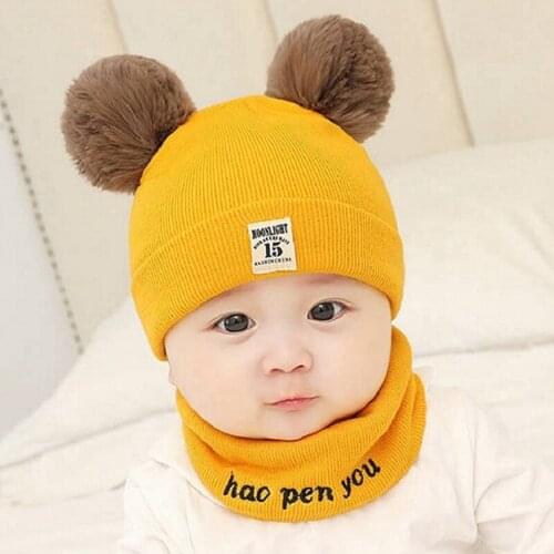 Baby Hat Scarf Set Baby Pompon Hat Children Winter Hat Cute Knitted Cap Casual Solid Color Girl Boy Hat Baby Beanies+Scarf Suit