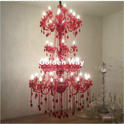 Morden 5 Layers 42 Arms Large Red Crystal Chandelier Stair Long Crystal Chandelier Lighting Restaurant Hotel Hall Villa Lighting