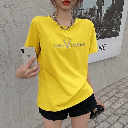 Loose O collar cotton embroidery T-shirts women short sleeve 2021 summer Korean version Tees Trend Tops y2k tops for women