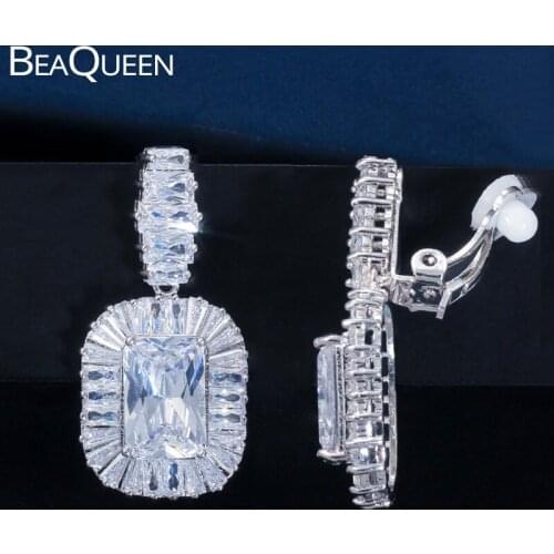 BeaQueen Gorgeous No Hole Ear Clip On Earrings Long Square Drop Cubic Zirconia Non Pierced Women Wedding Jewelry Accessory E313