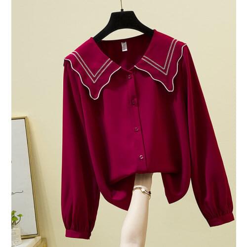 2021 spring and autumn loose plus size womens doll collar all-match western style long-sleeved shirt temperament casual top