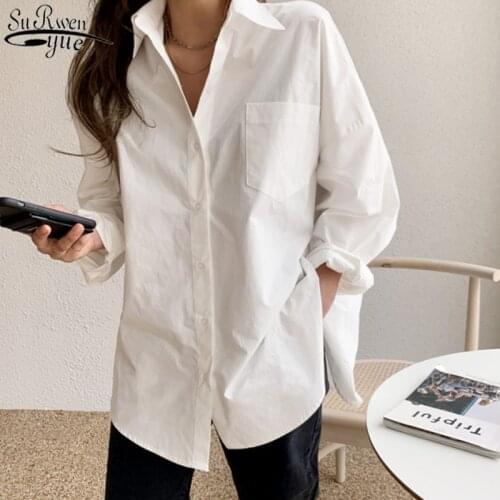 2021 Korean Clothes Womans Blouses White Shirt Long Sleeve Lapel Blouse with Pocket Fashion Whtie Blouse Blusas Mujer 13118