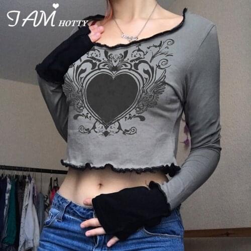 Frill Heart Print Grunge Clothes Women Dark Academia Long Sleeve Tops Retro Basic Patchwork Graphics Tee Cute Tops Iamhotty