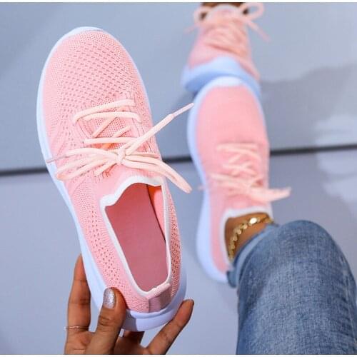 2021 Womens Sneakers Breathable Mesh Casual Flat Running Shoes Women Knitted Lace Up Vulcanized Shoes Ladis Flats Female