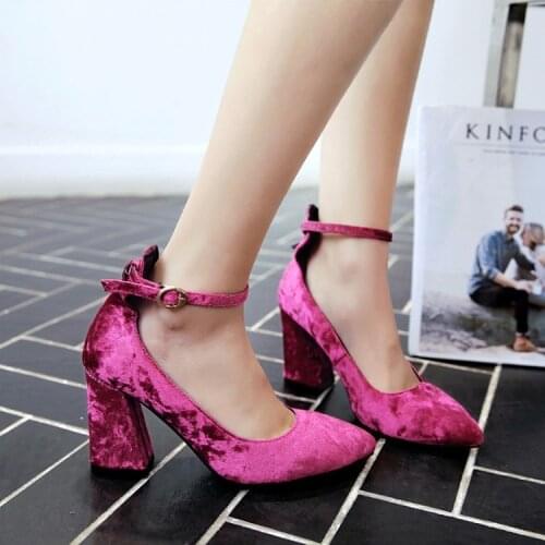 US4-11 Womens Pointed Toe Velvet Block Chunky High Heel Pumps Ankle Belt Buckle Shoes 4Colors Plus Size C386
