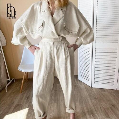 Women Two Pieces Sets Big Hollow Out Sleeve Design Cotton And Linen Oversize Women Clothes And Pants Suit Womens Tracksuit