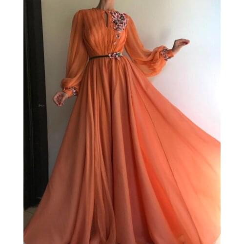 Robe de soiree Dubai Orange 3D Flower Evening Dresses Long 2020 Saudi Arabic Long Sleeves Chiffon Evening Gown Prom Party Gown