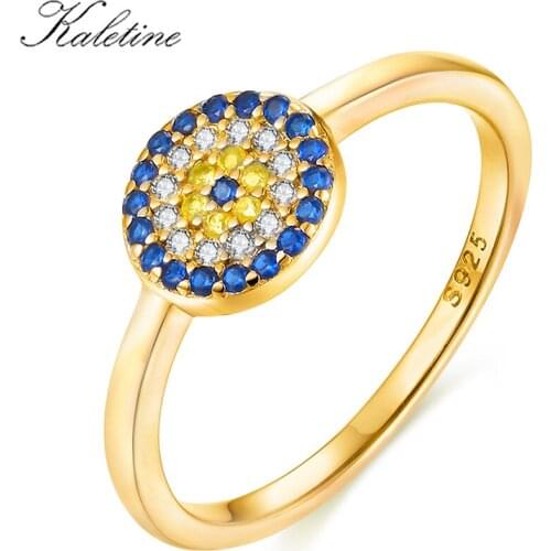 KALETINE 925 Sterling Silver Evil Eye Rings For Women Lucky Charm Round Blue Crystal Finger Ring Lucky Turkey Fine Jewelry