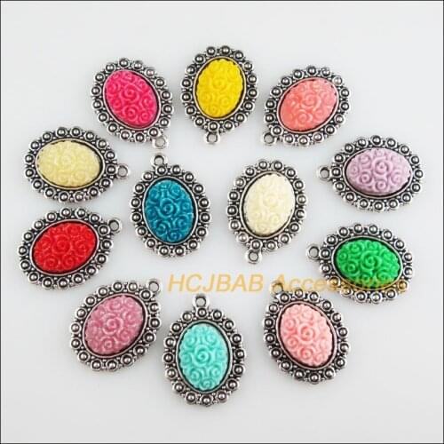 12Pcs Tibetan Silver Tone Retro Mixed Oval Flower Resin Charms Pendants 18x24mm