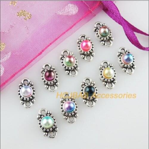 30Pcs Tibetan Silver Tone Flower Mixed Acrylic Round Charms Connectors 6.5x11.5mm