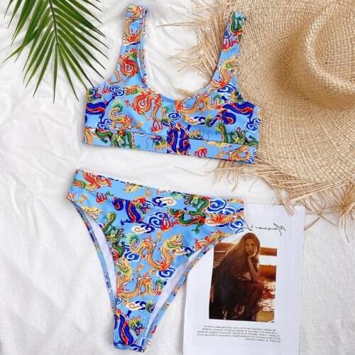 High waist bikini 2021 swimming suits women swim top sport bathing suit dragon printing set thong two piece tankini set swimwear