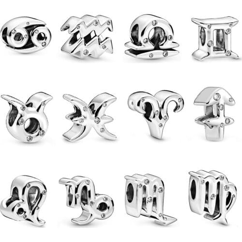 Free Shipping Authentic 925 Sterling Silver Sparkling Zodiac Charm Fit Original Pandora Bracelet For Women DIY Jewelry S925 Bead