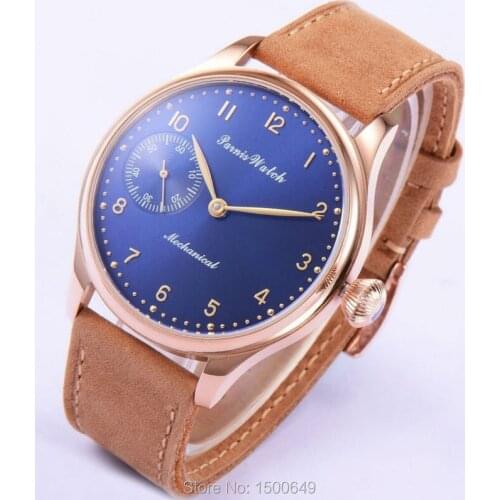 Parnis 44mm Golden watch case Mechanical 6497 movement Blue Dial with Small seconds hand winding Watch