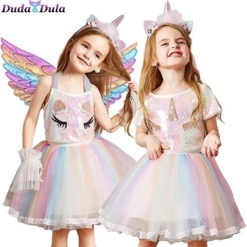 2021Children Summer set Unicorn Tutu Dress Kids Princess Rainbow Girls Birthday Party Dress Fancy Unicorn cosplay Costume