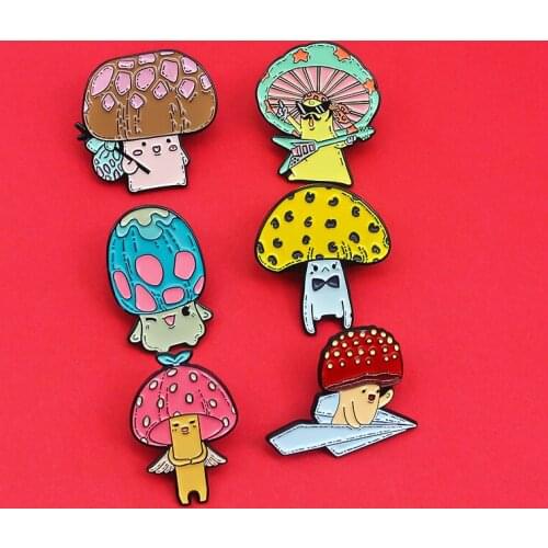 Cartoon Flower mushroom Enamel Brooch Lovely fungus Lapel Pin Bass singer coffee bean strawberry raspberry speckle Fun Badge