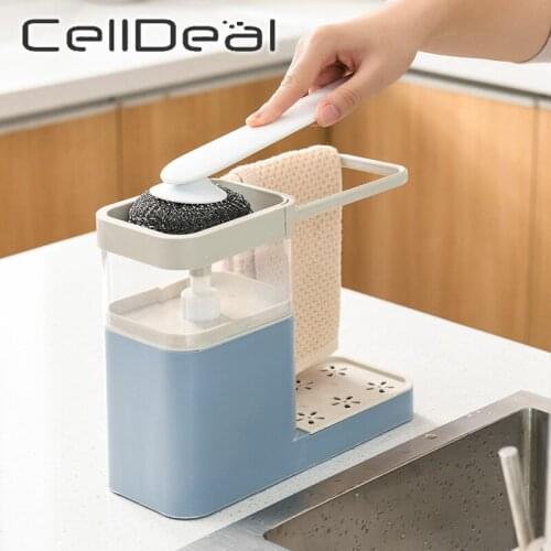 Soap Pump Dispenser with Sponge Holder Cleaning Liquid Dispenser Container Manual Press Soap Organizer Kitchen Cleaner Tool