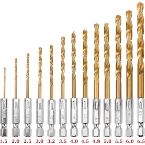 13Pcs HSS High Speed Steel Drill Set 1/4 Hexagon Handle Titanium Coated Twist Drill 1.5-6.5mm High Quality Tools