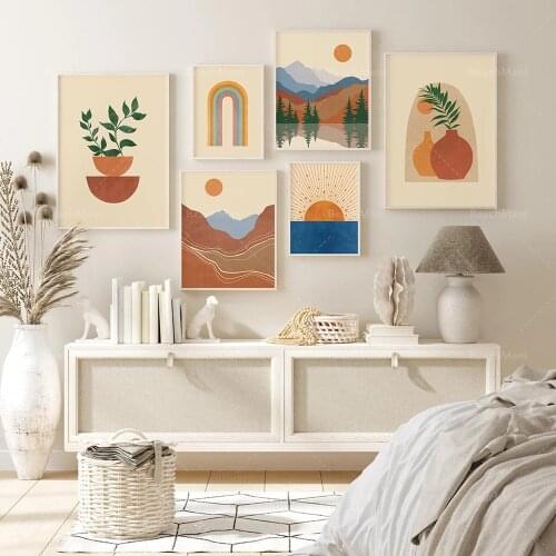 Bohemian gallery wall 6 prints, abstract bohemian printable wall art, terracotta navy mustard print, mid-century modern decorati