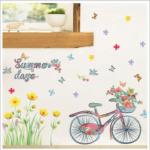 Pastoral Style Yellow Flower and Bicycle Summer Wall Stickers for Kids Room Living Room Bar Home Art Decoration Wall Decals PVC